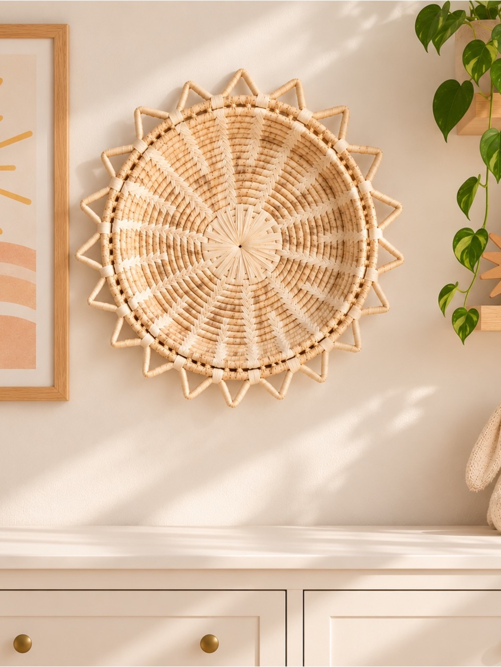 Vintage Woven Sunburst Basket – Boho Wall Decor, 14”